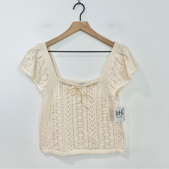 Haute Hippie Cream Crochet Flutter Sleeve Top Velvet Bow NWT Size XL - Picture 2 of 6